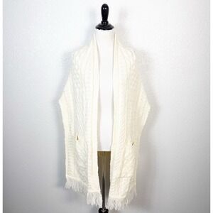 Aran Crafts Ireland Cottage Merino Wool Pocket Fringe Cable Knit Shawl Wrap